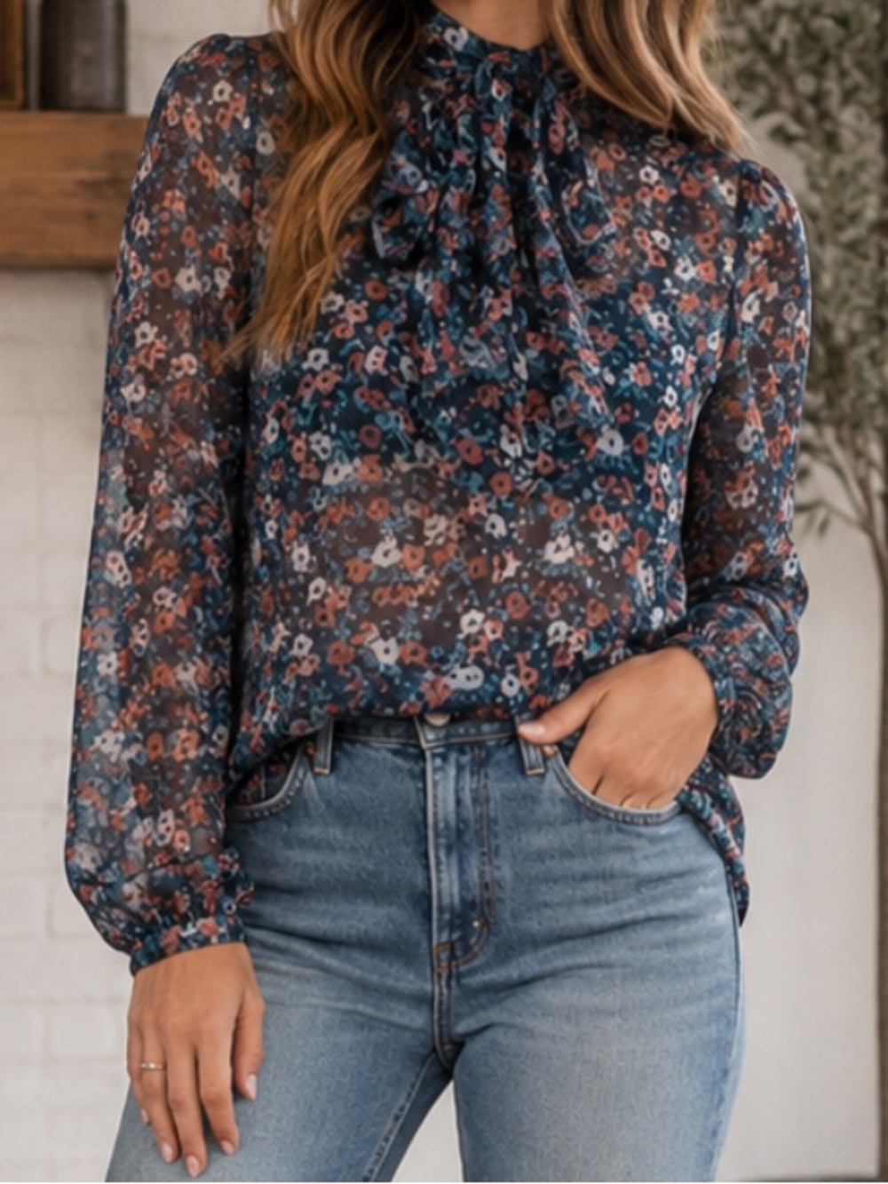 Zara Floral Sheer Blouse in Navy, Coral & Teal